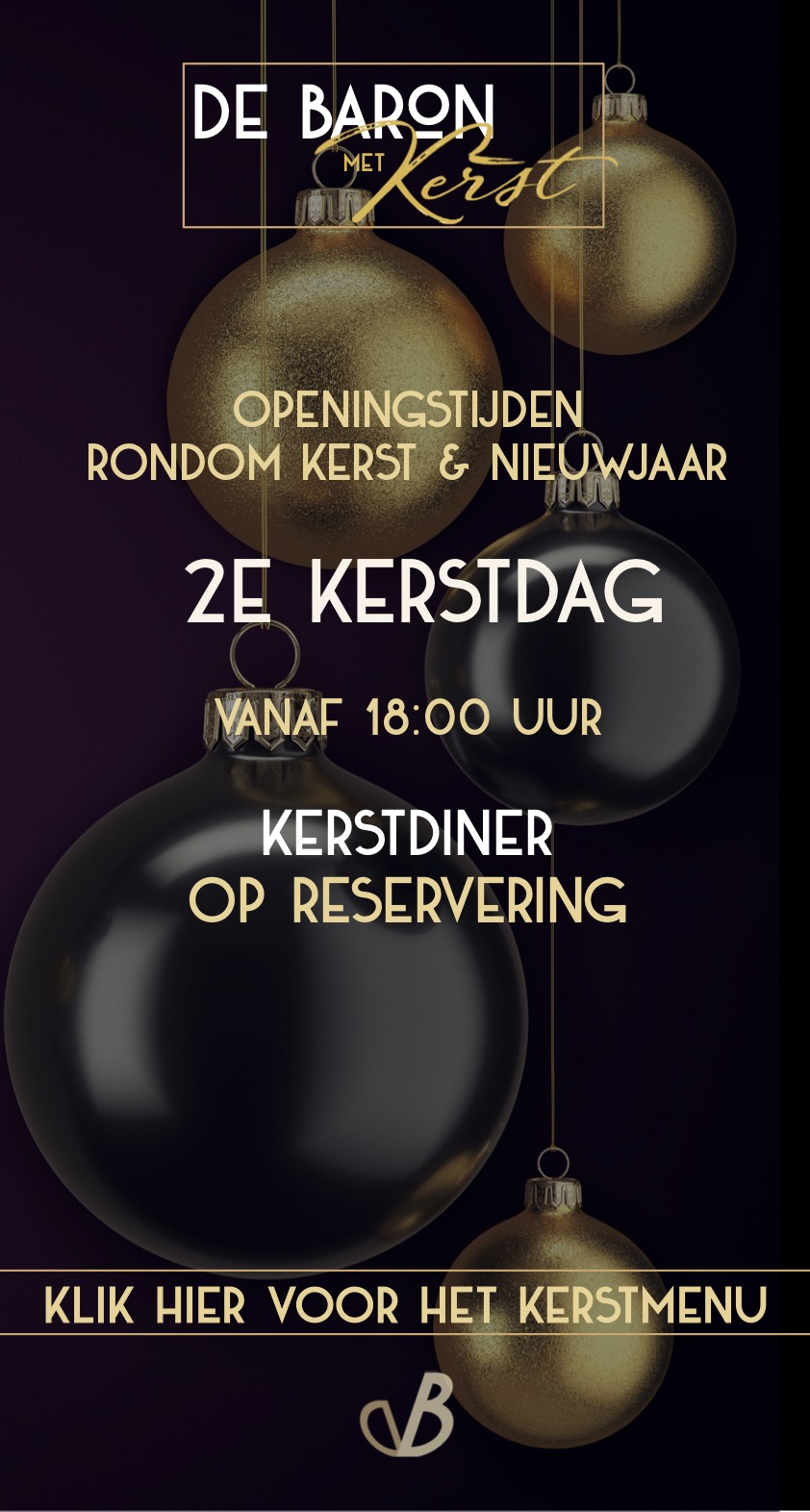 Tweede Kerstdag KerstDiner Restaurant De Baron open voor lunch & kerstdiner